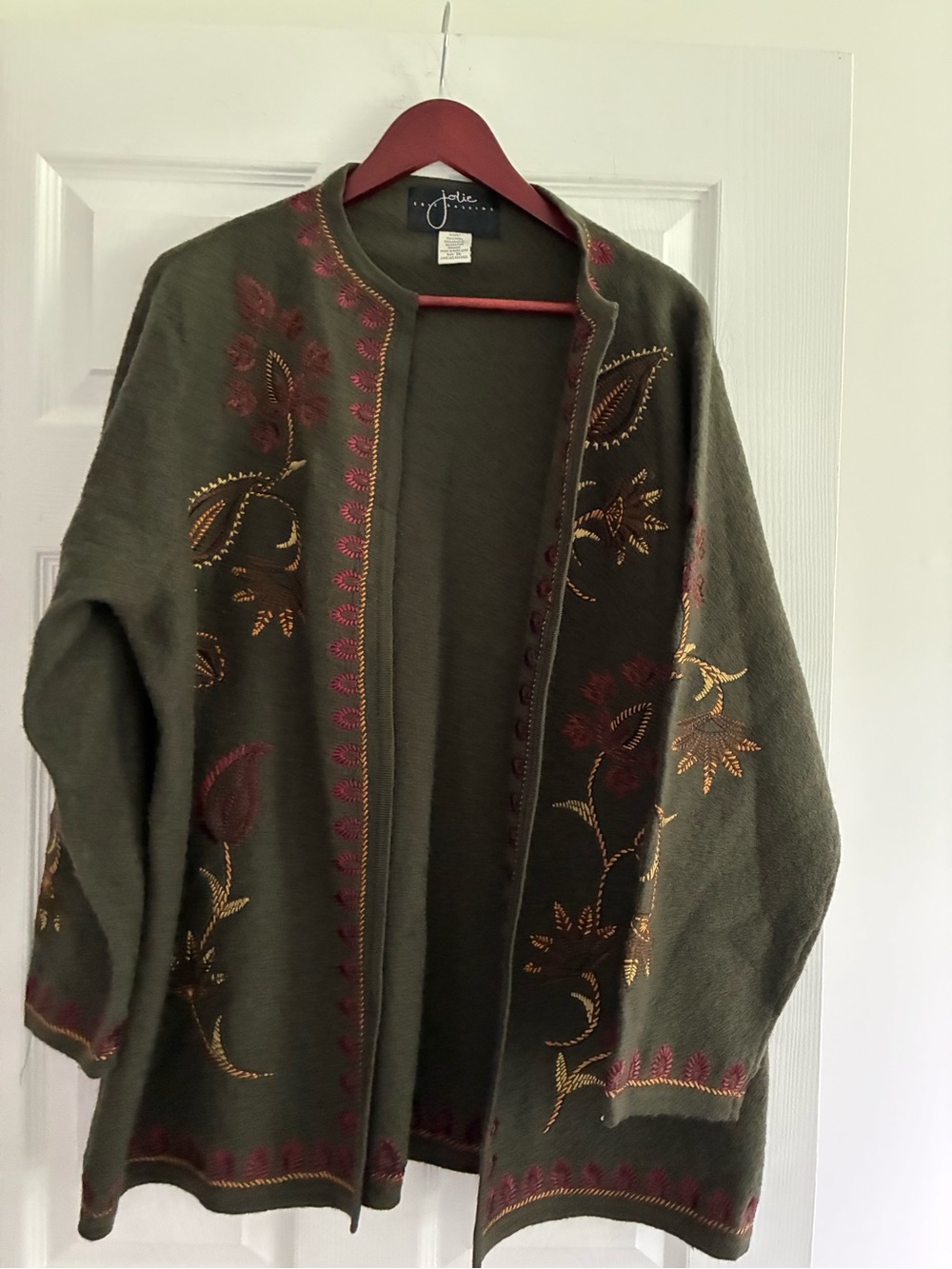 Jolie by Eric Gaskins 100% Wool Open Front Embroidered Cardigan